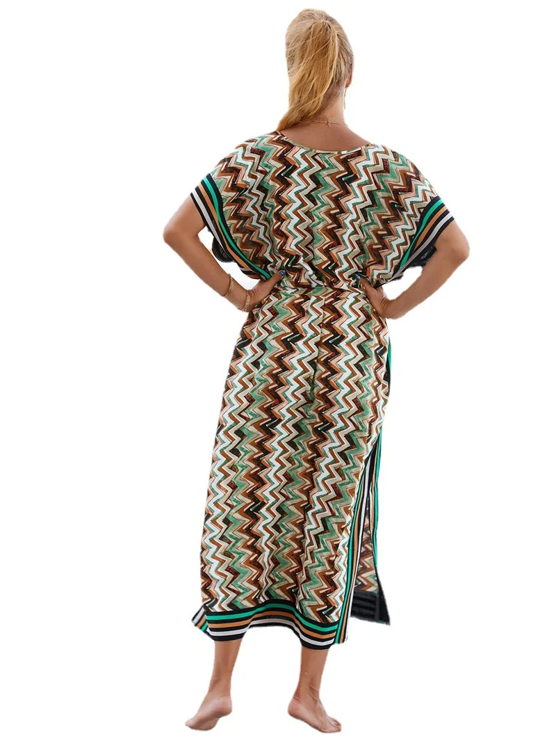 Kimono largo bohemio con estampado de ondas para mujer, Vestido de playa, traje de baño, Túnica de verano, ropa de playa