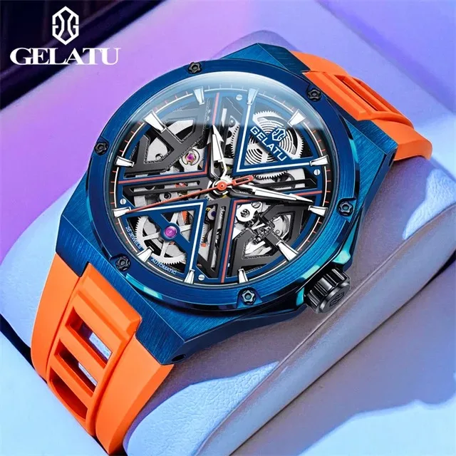 

GELATU Automatic Mechanical Watch for Men Silicone Strap Sapphire Mirror Luxury Brand Skeleton Men's Wristwatches Reloj Hombre