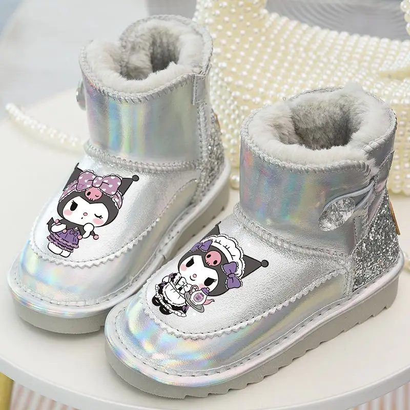 Kuromi Anime Kawaii Sanrio botas de nieve de cuero para niñas lindas niños impermeables cálidos zapatos gruesos de algodón regalos Juguetes