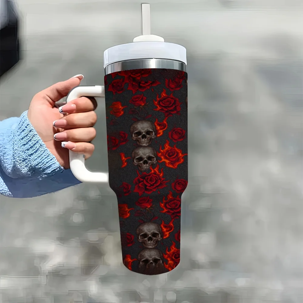 1ps Halloween And Christmas 40Oz Insulated Tumbler with Handle And Straw, Reusable Large Capacity Travel Coffee Mug, Gothic Skull Red Rose All Over Print, Suitable for Office Outdoor Camping Home Daily Hot Cold Drink Use