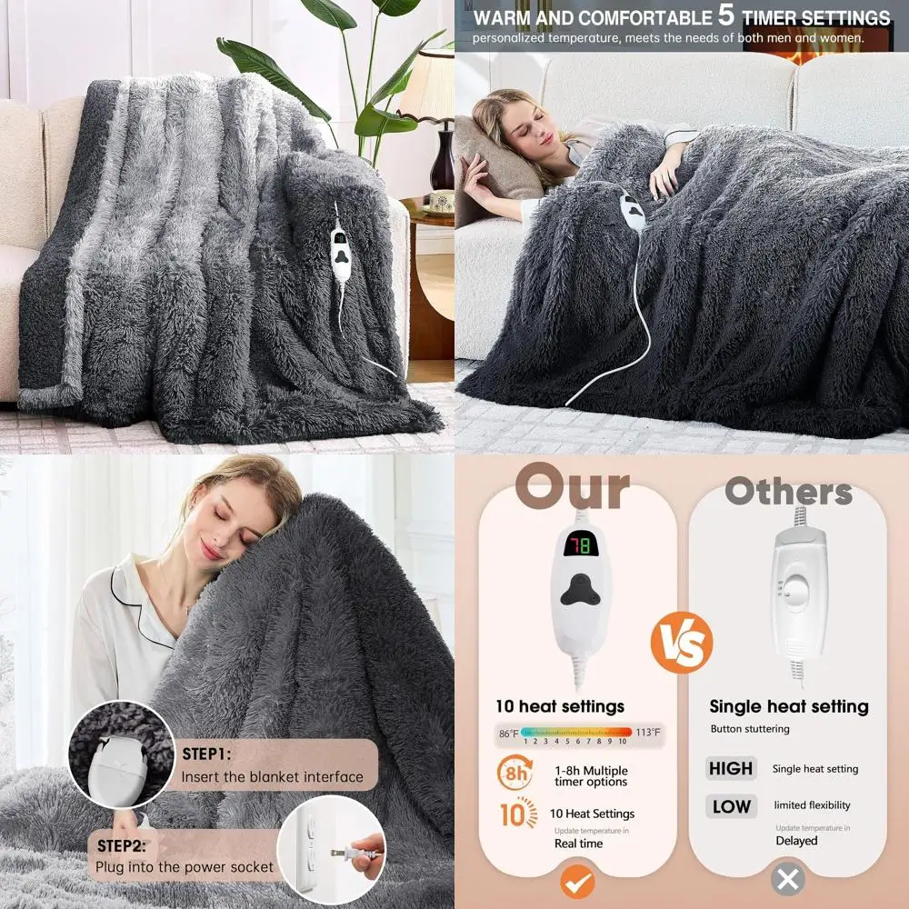 

Sherpa-Lined Faux Fur Electric Blanket, 10 Heat & 5 Timer Options, 50x60, Warmth for Women & Grandmas