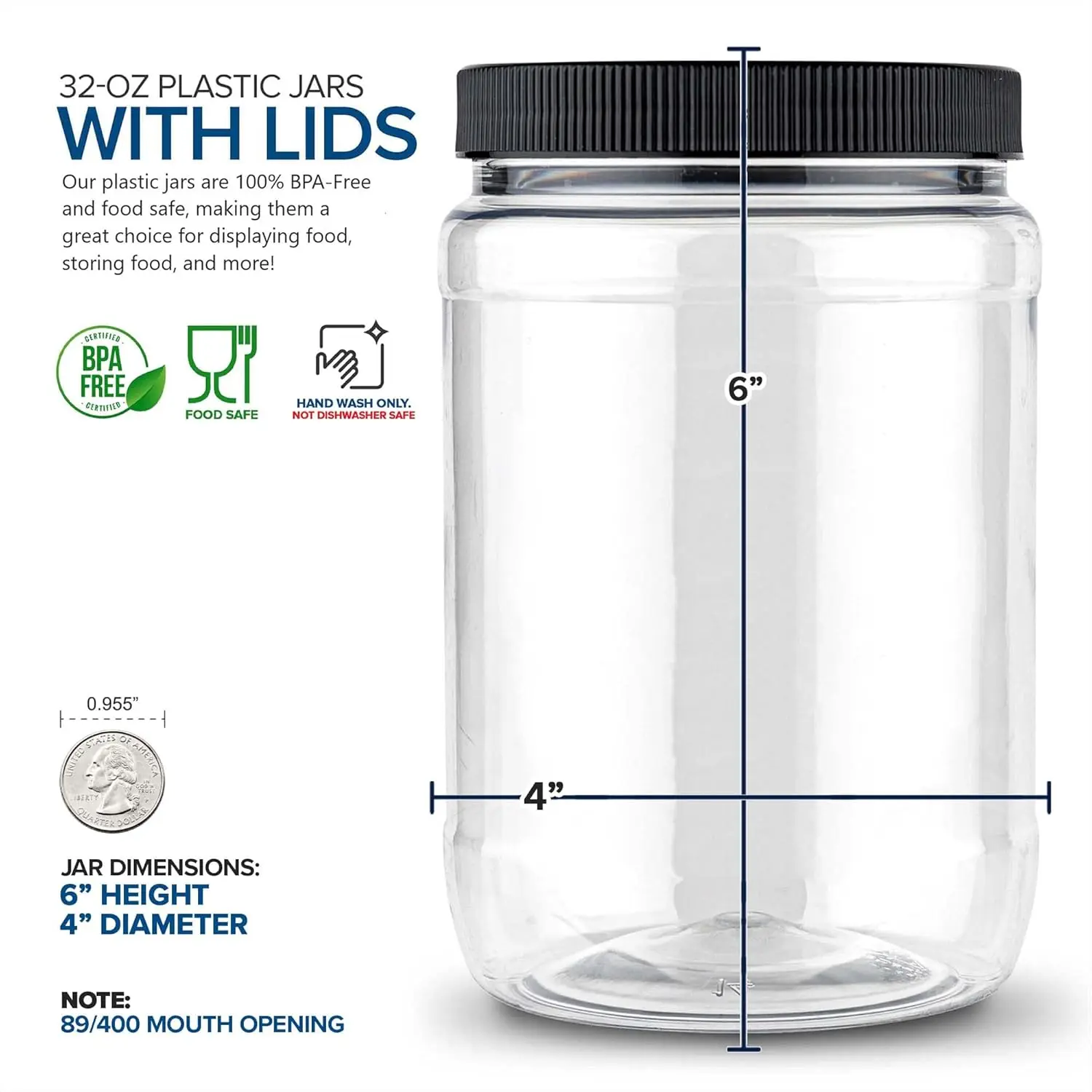 برطمانات ميسون بلاستيكية خالية من مادة BPA سعة 32 أونصة (6 عبوات) مع أغطية محكمة الغلق للأرز والمعكرونة والقهوة والحبوب والحلوى والبسكويت #4