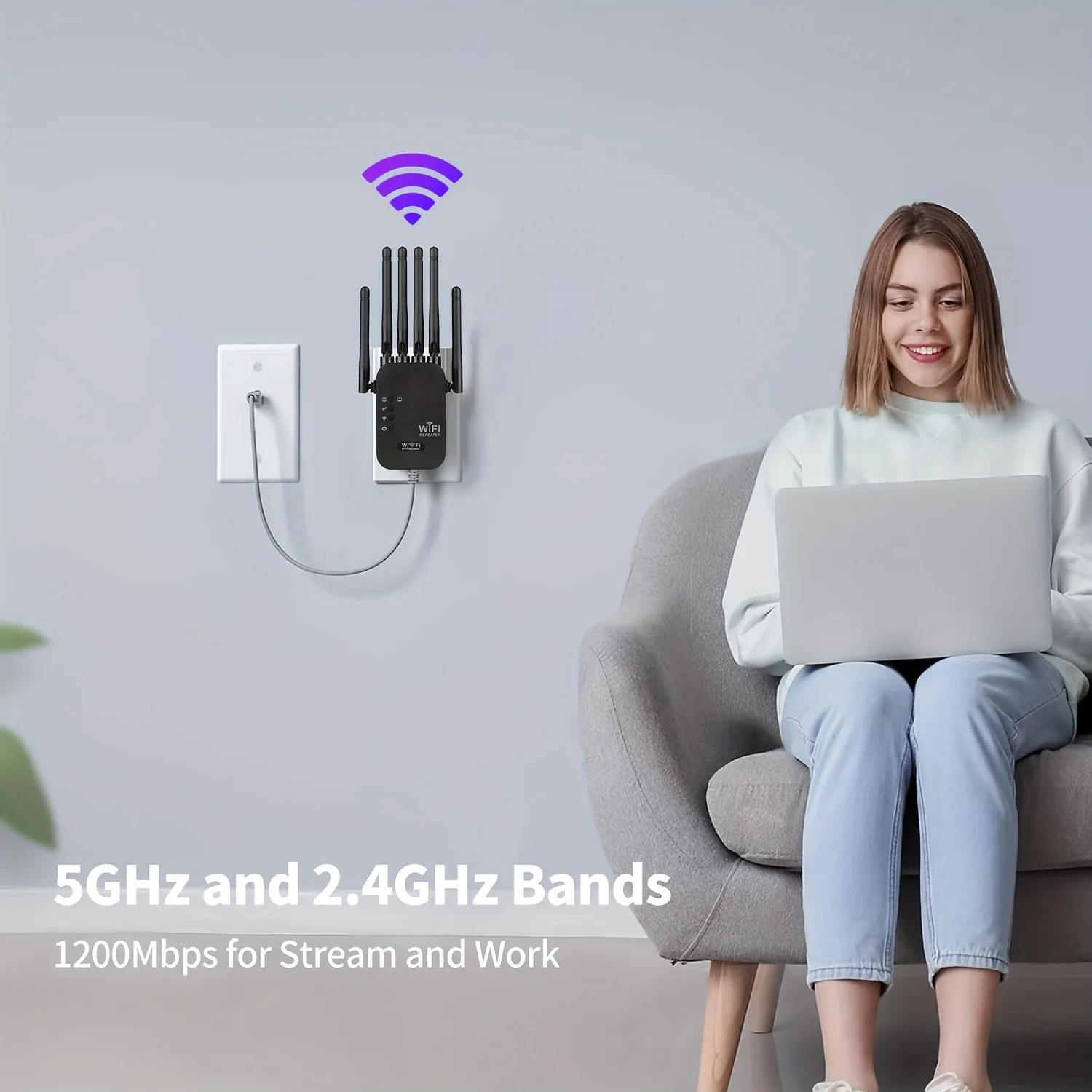 Dual Band Gigabit Ethernet Ports, WiFi 6 Extender, Works with Any Router, Universal Compatibility, 6 Antennas for 50+ Devices