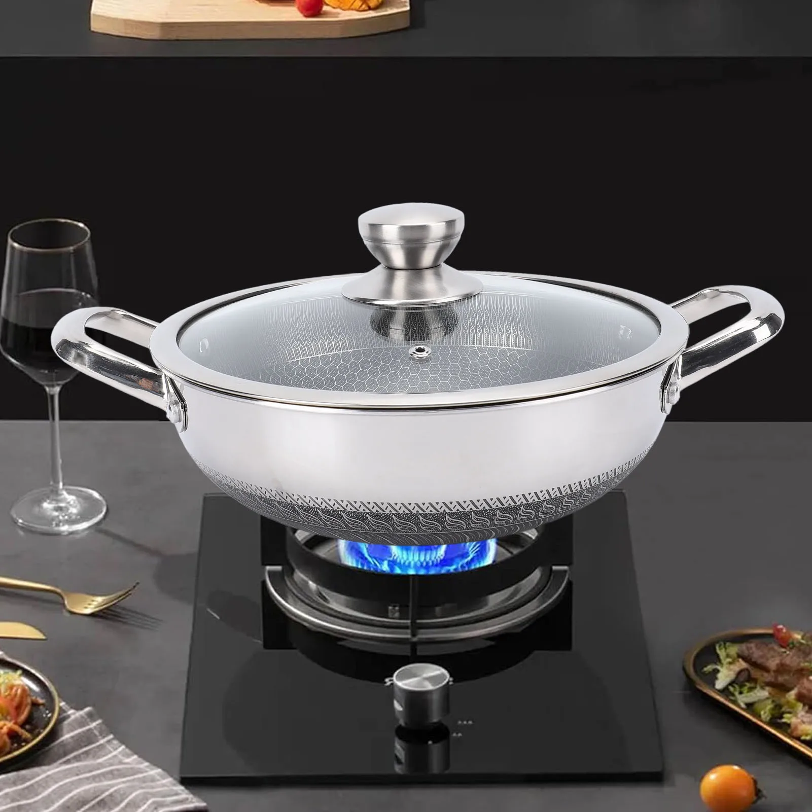 Stainless Steel Skillet Anti Scratch Nonstick Frying Pan Honeycomb Dishwasher Safe Fast Even Heating with Lid for Gas Stovetop