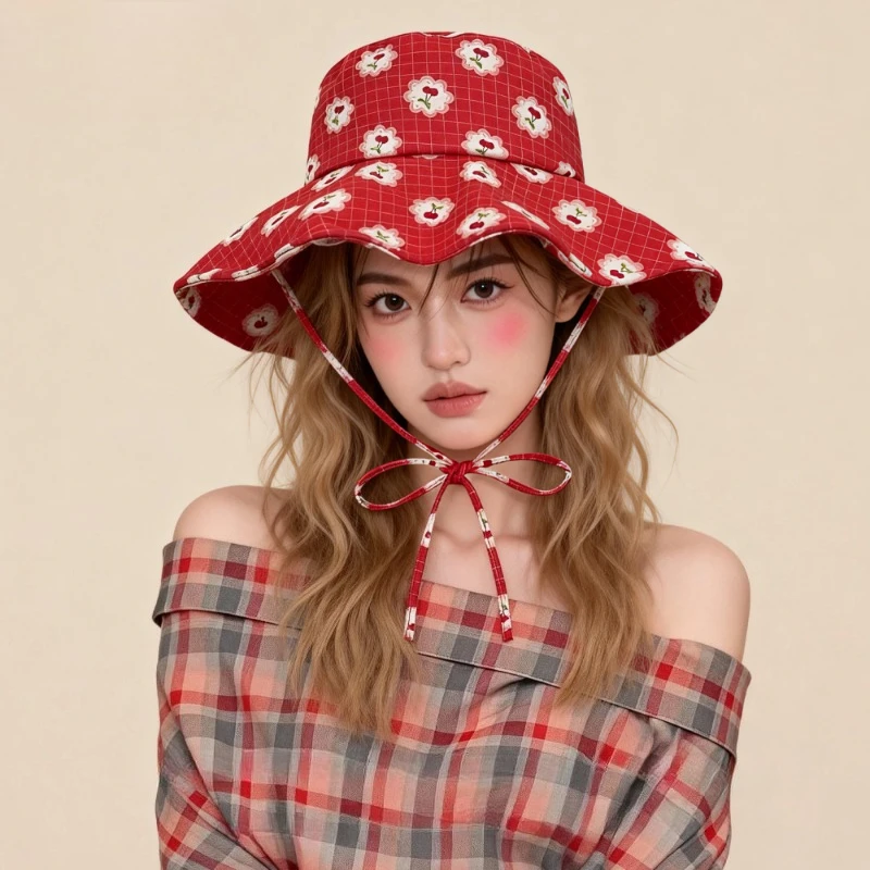 Cherry Printing Strap Bucket Hats for Women Cute Summer Travel Sunscreen Vacation Large Brim Foldable Thin Breathable Sun Cap