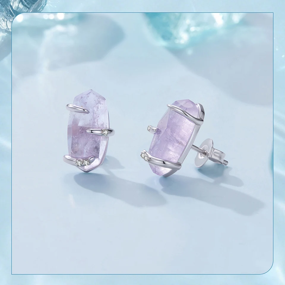 WOSTU Ohrstecker mit lila Amethyst-Rohkristall für Damen, platiniert, S925-Silber, geometrischer Naturstein-Schmuck, Geschenk – Detail 12