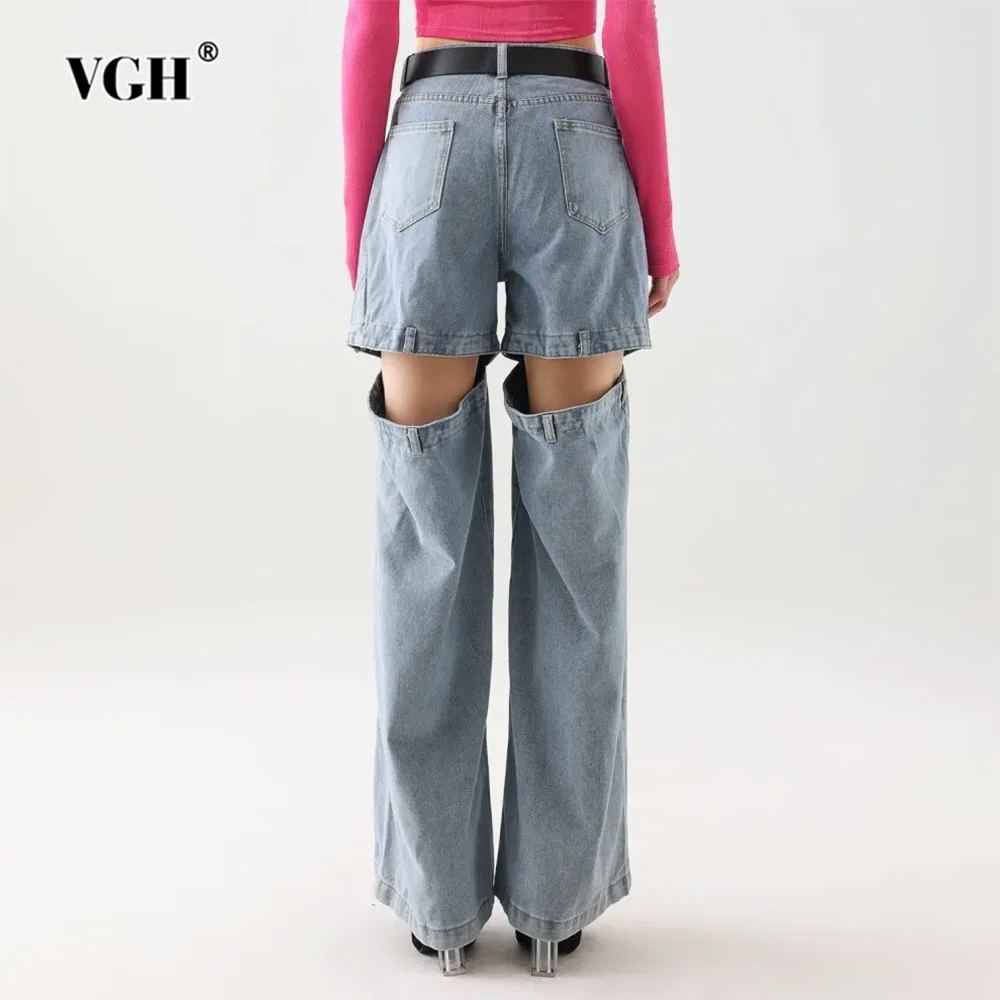 

VGH Solid Hollow Out Patchwork Pockets Denim Trousers For Women High Waist Minimalist Loose Wwide Leg Pants Female Fashion New