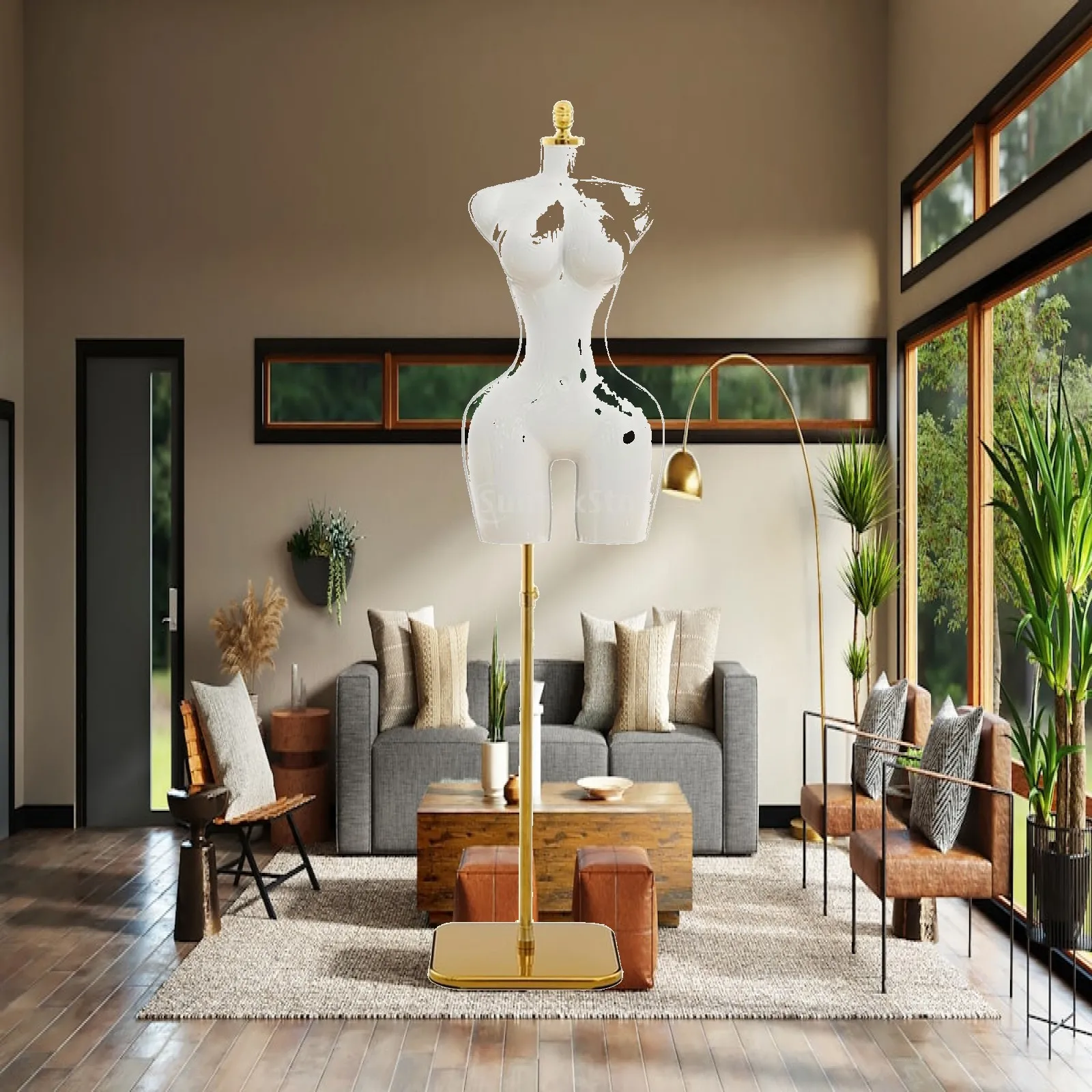 Glossy White Plastic Female Torso Mannequin Display Stand with Gold Metal Base for Boutique Clothing Showcase