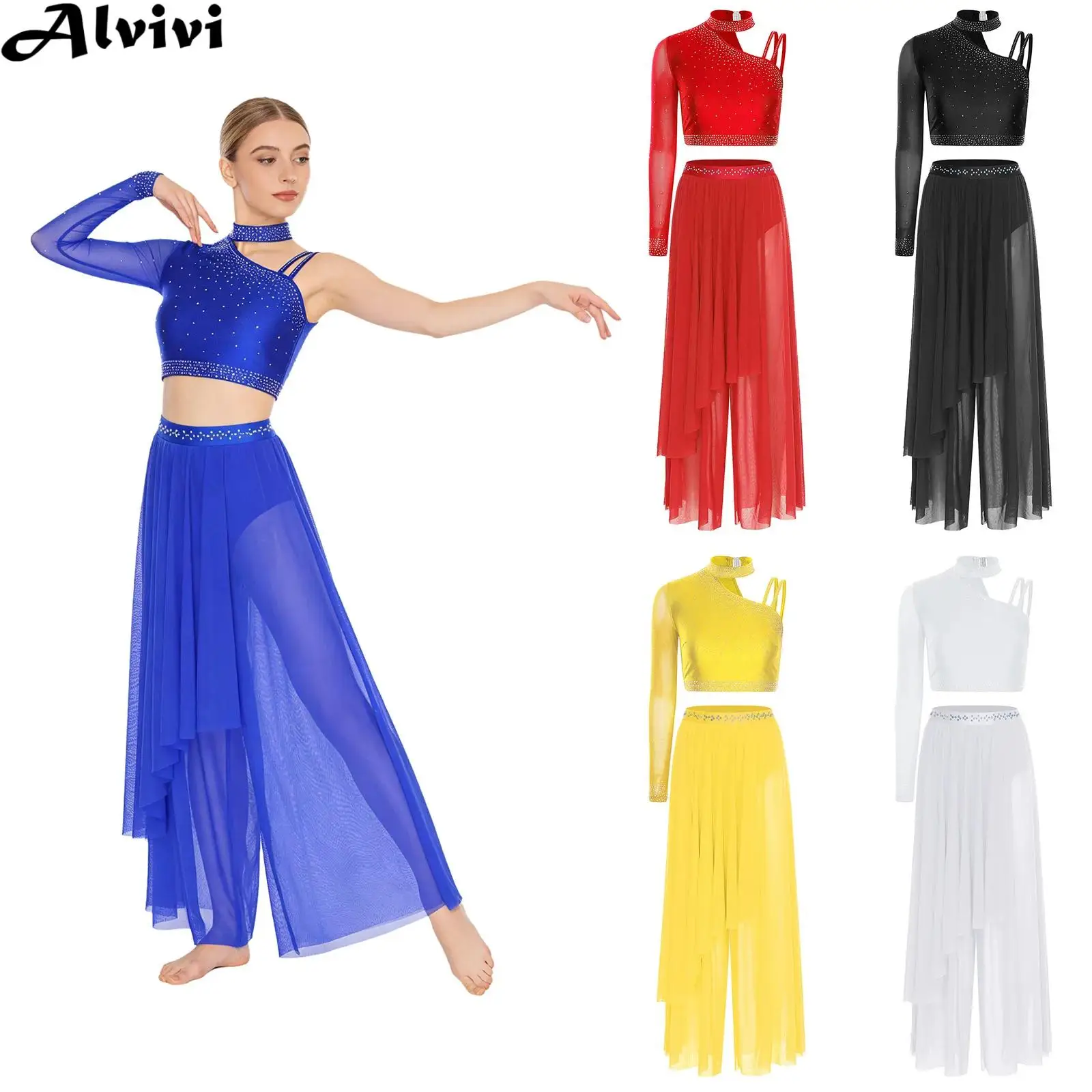 Women Shiny Rhinestone Modern Lyrical Dance Crop Tops with Pants Built-in Briefs Skating Gymnastics Ballet Performance Dancewear