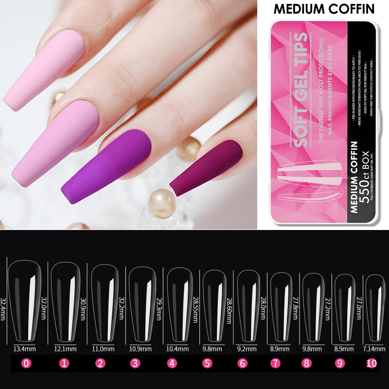550Pcs Clear Acrylic Square Long Soft Full Cover Nail Capsule For Salon Extension Almond Press on Nail Shaped Nail Soft Gel Tips