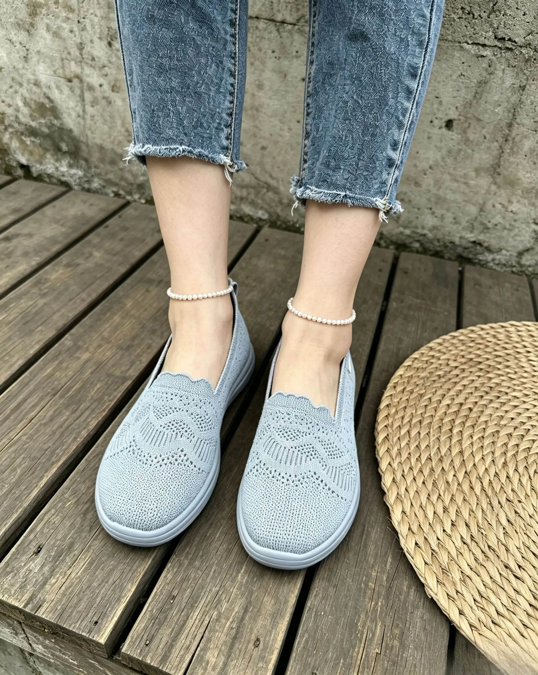 Damen Slipper aus Strickmaterial, atmungsaktive Mesh-Flachschuhe, leichte, bequeme, weiche Sohle, lässige Gehschuhe für ältere Damen. – Detail 15