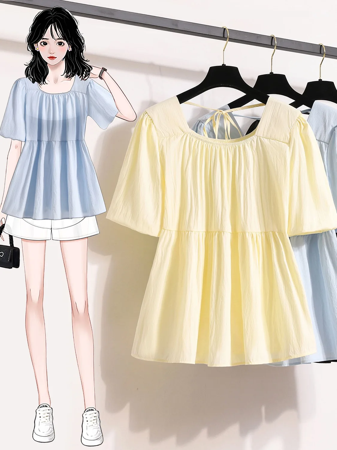 

Loose Bubble Sleeve Shirt Women's Sweet Youthful Korean Style Belted plus Size Summer New Arrival Slimming Top for Girls