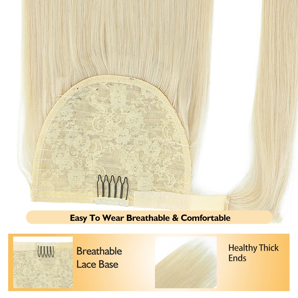 Yelo ذيل حصان التفاف حول وصلات شعر البلاتين شقراء داكنة براون شعر بشري طبيعي 14-28 بوصة ذيل حصان مع مشبك للنساء