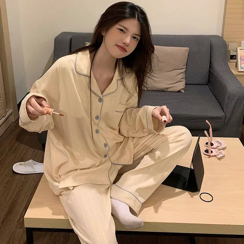 Solid Sleepwear Button Women Pajamas Set Autumn Piiama Korean Fashion Long Sleeve Sets 2 Pieces Night Wears Casual Home Wear New