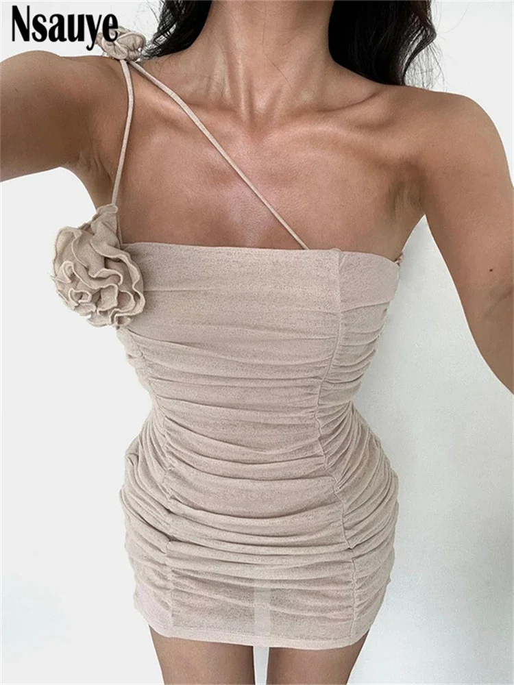 Nsauye Flower One Shoulder Strap Bodycon Mini Dress Elegant Evening Party Club Sleeveless Summer Dresses For Women Outfits 2023