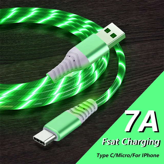 7A Świecący kabel Micro USB typu C Szybkie ładowanie dla iPhone Huawei Xiaomi Ładowarka LED Przewodowy przewodowy przewod USB C