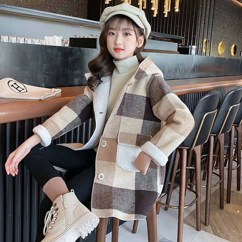 Girls Jackets Autumn spring Clothes Medium Long Models Girl windbreaker Plaid Thickened Lamb Fashion Children Woolen Cloth Coats