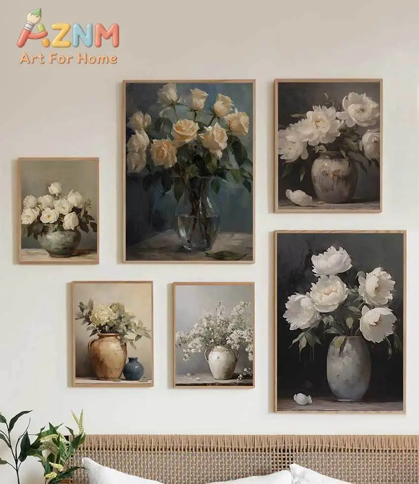 1pc frameless Canvas Painting Spring Flowers Painting in Vintage Vase Moody Peonies Rose Poster Vintage  Still Life Art Canva