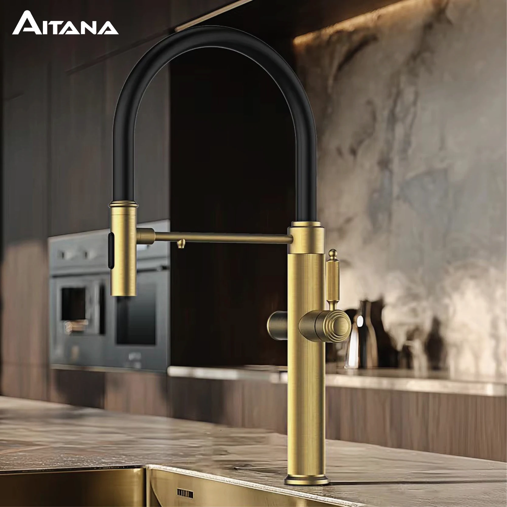 Kitchen Sink Faucet Brushed Gold 304 Stainless Steel Pull Out Sprayer 1 Hole Double Handle Hot Cold 3-Way Drinking Water Tap