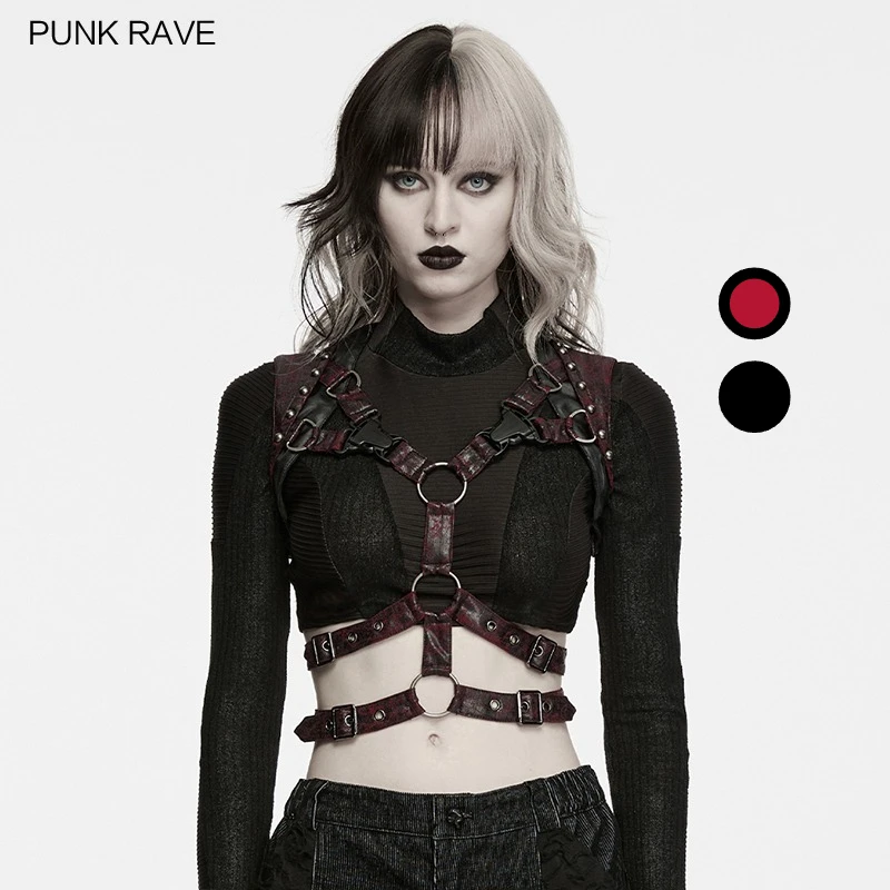 PUNK RAVE Women's Punk Metal Rings Faux Leather Symmetrical Webbing Structure Harness Cool Rock-punk Corset Accessories