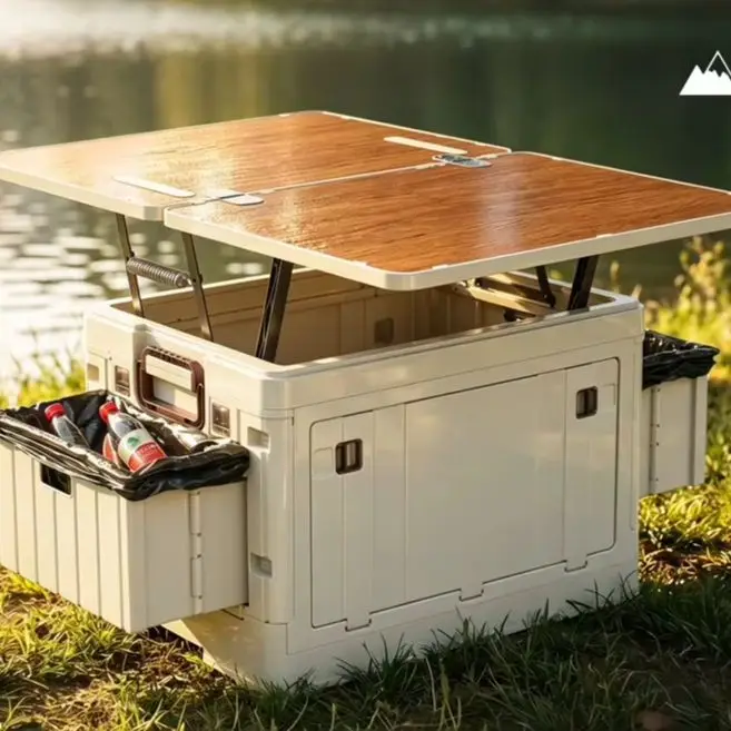 Faltbare Aufbewahrungsbox für den Außenbereich, mit verstellbarer Tischplatte, vielseitiger Organizer für Camping, Picknicks und den Kofferraum von Fahrzeugen.