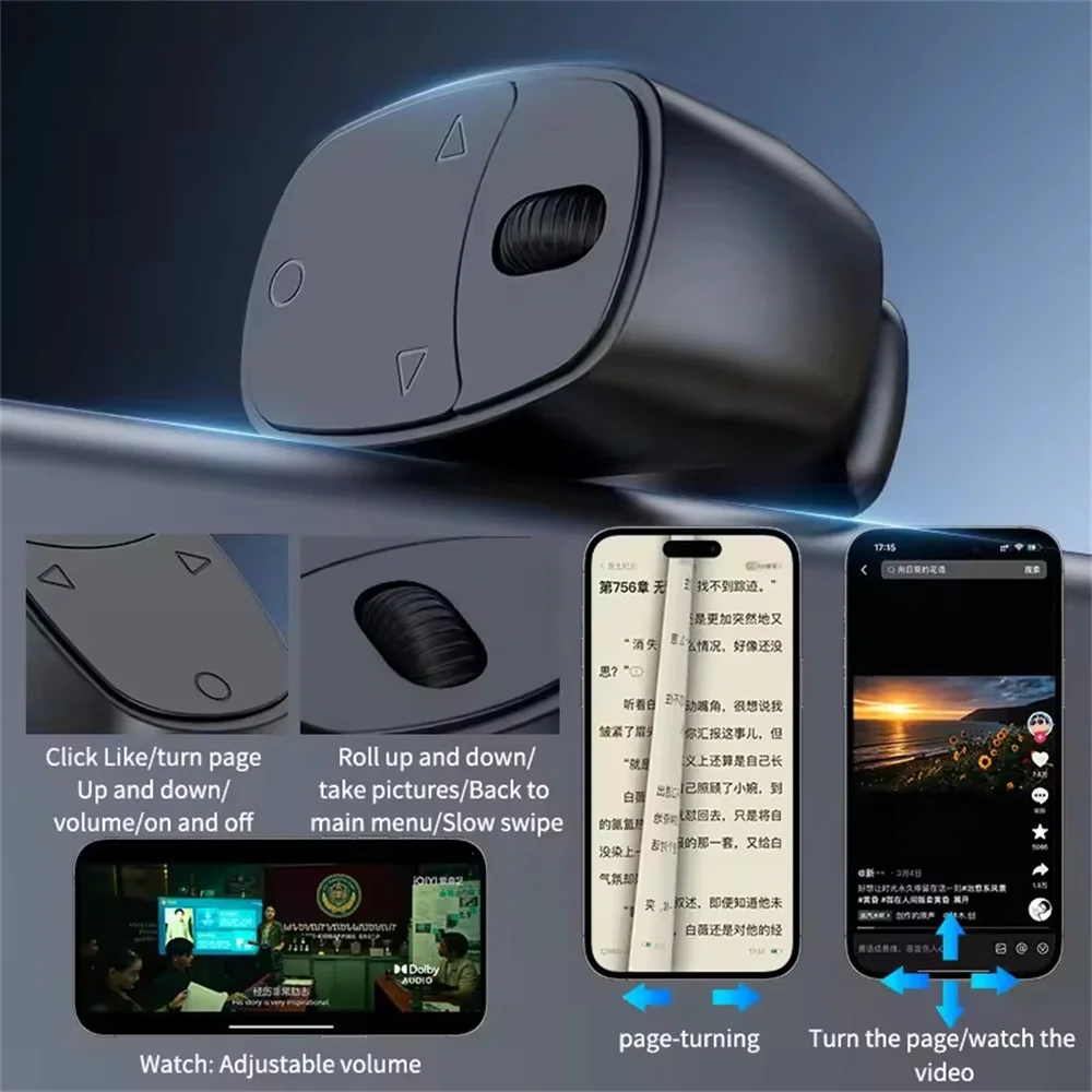 Remote Control Wireless Bluetooth Roller Fingertip Ring Portable Mobile Selfie Mice Video Automatic Page Turner Browsing Ring