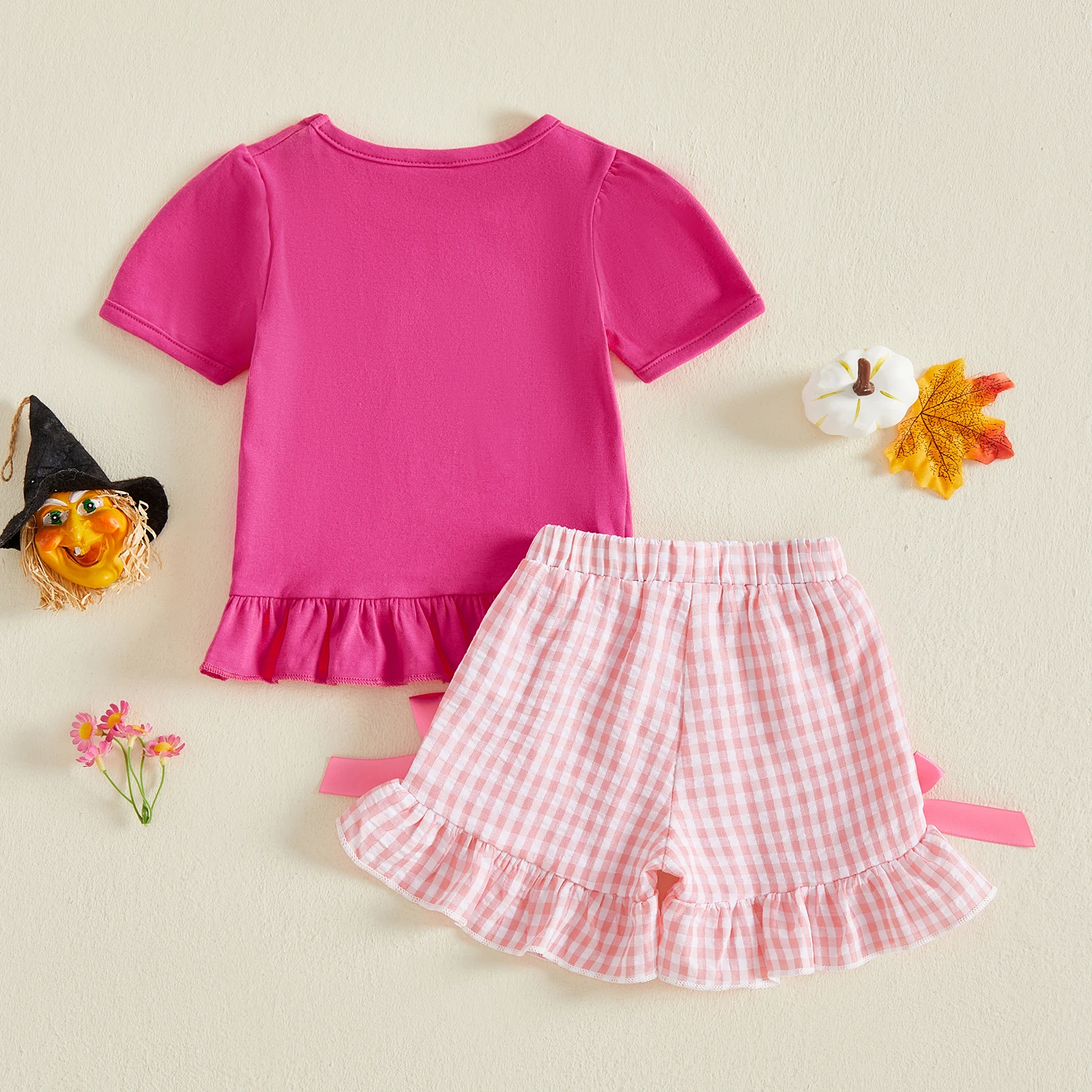 Girls 2 Piece Halloween Outfits Short Sleeve Ghost Embroidered T shirt Tops Plaid Shorts Sets Halloween Costume