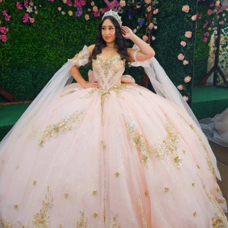 

Pink Shiny Quinceanera Dresses Off The Shoulder Gold Applique Lace Beading Crystal Bow Tull Corset Party Birthday Sweet 16 Dress