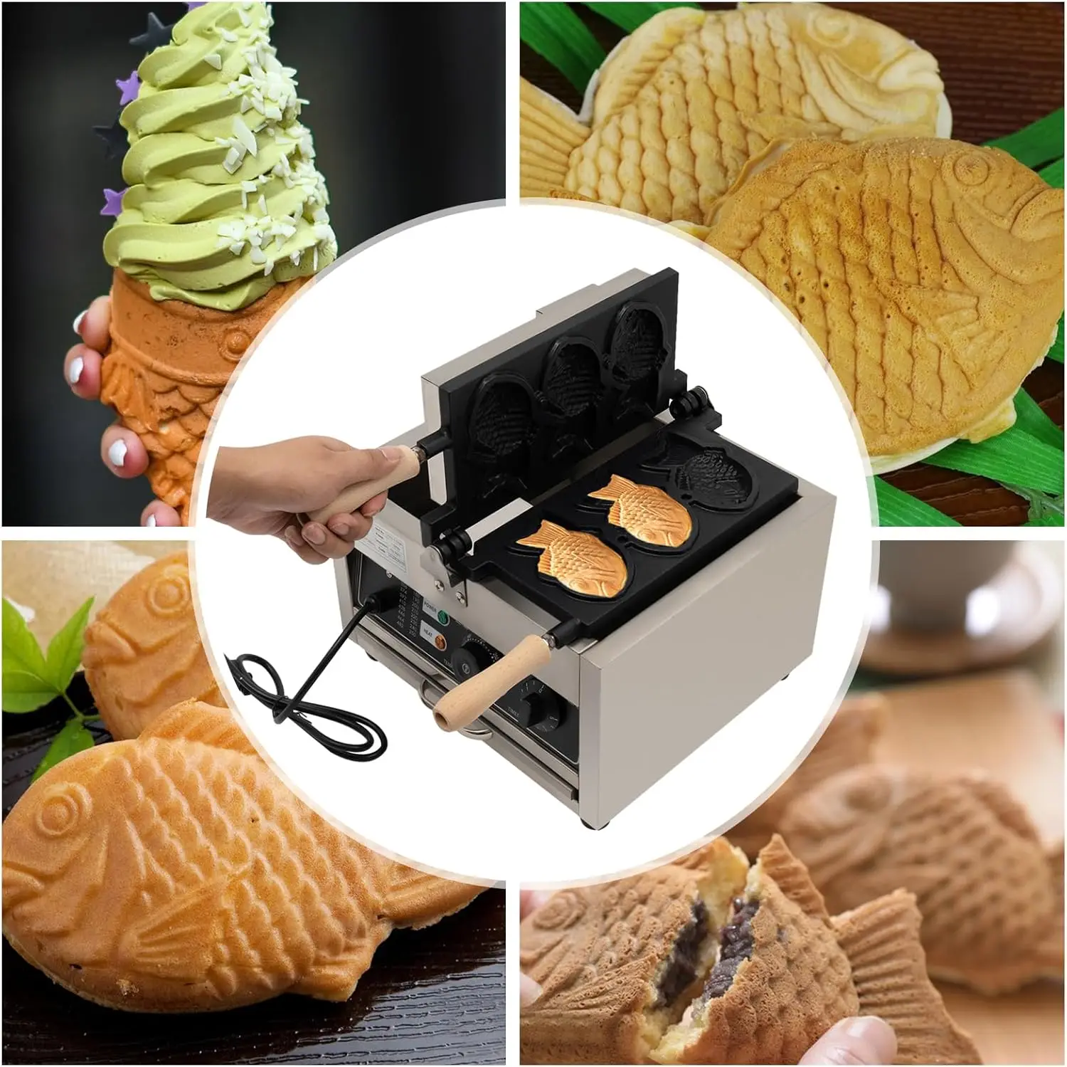 Commercial Electric Waffle Maker, Nonstick 3 Pcs Fish Type Waffle Machine, Japanese Taiyaki Making Machine