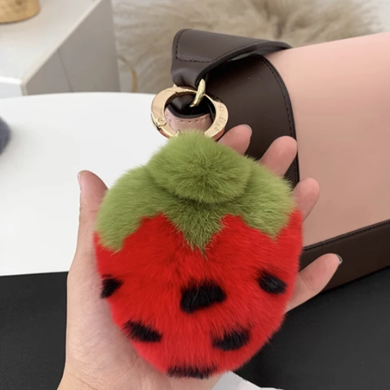 Real Rex Rabbit Fur Strawberry Fruit Keychain Pom-Pom Bag Purse  Charm - Adorable StrawBerry Gold Ring Keychain KC01