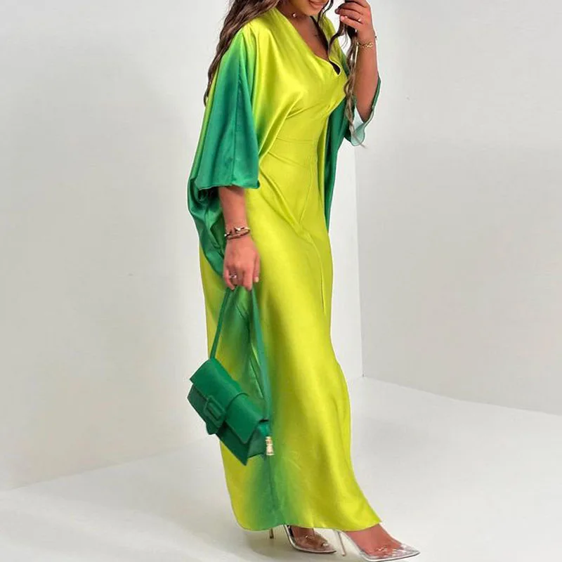 Spring Fashion Colored Bat Sleeve Maxi Dress Women Elegant V-neck Patchwork Boho Long Dress Autumn 3/4 Sleeve Split Party Dress