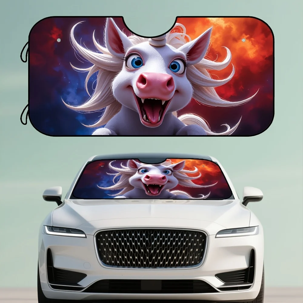 

1pc Unicorn Pattern Front Sunshade - Foldable Design, Durable Polyester Fabric, Vibrant Red & Blue Unicorn With Stars & Clouds,
