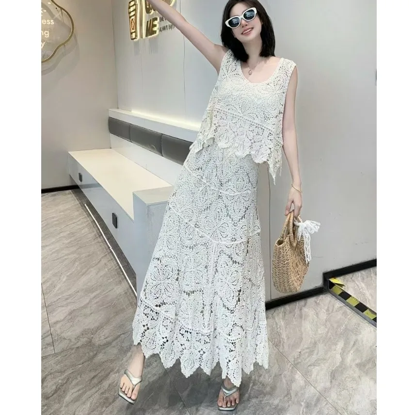 

2026 Summer Hollow out Knitted Vest High Waist Lace Trim Pants Long Skirt Two Piece Set Women's Fashion Ensemble Hollow Flower