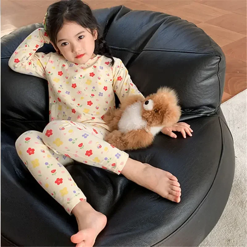 Children\'s Clothing Sets Floral Home Wear Long Sleeve Pajamas Velvet Suit Baby Girl Clothes Boy Clothes Children Thermal Pajamas