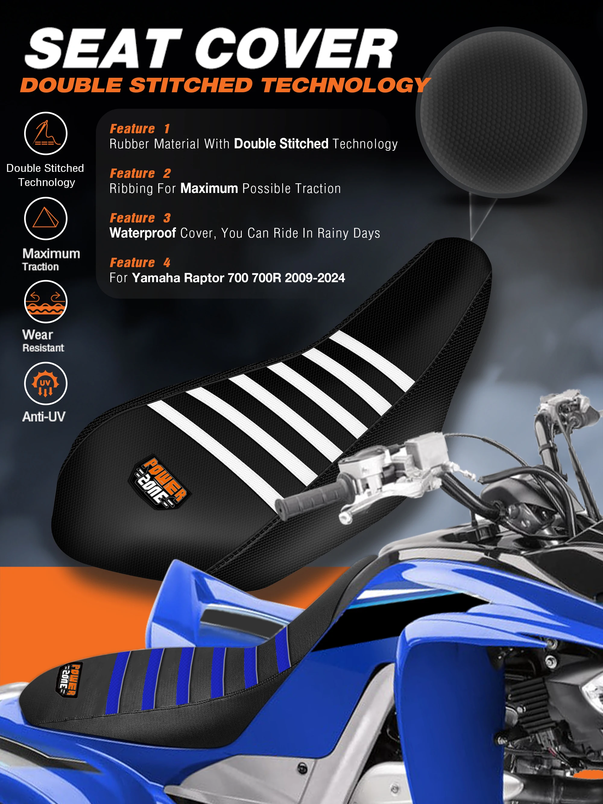MCHMFG Housse de siège nervurée pour Yamaha Raptor 700 Ensemble de caoutchouc imperméable Protection Antidérapant Bouleversé