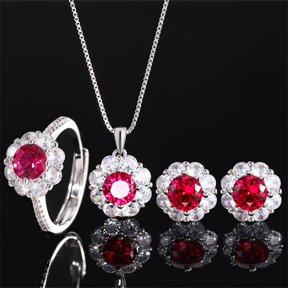 

Red Sapphire Round Gemstone Minimalist Jewelry For Women Flower-shaped Diamond-encrusted Necklace Ring Earring Set Jewelry Gifts