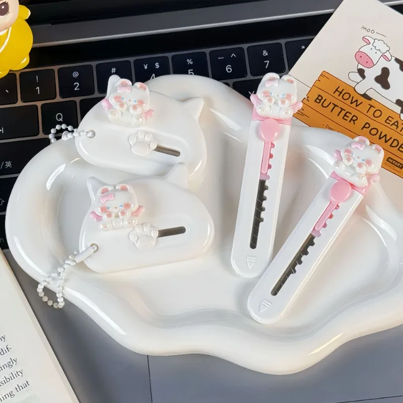 Mini Kawaii Cartoon Kitten Letter Opener White Pink Color Creative Design Cat Box Cutter Portable Utility Knife Student Supplies
