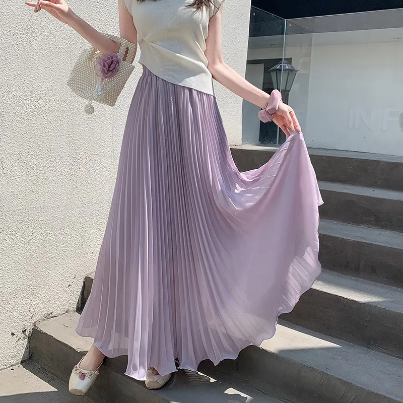 

Summer plain pleated mesh skirt, classic high-waisted pleated slim-fit temperament Korean version of the midi skirt A-line skirt