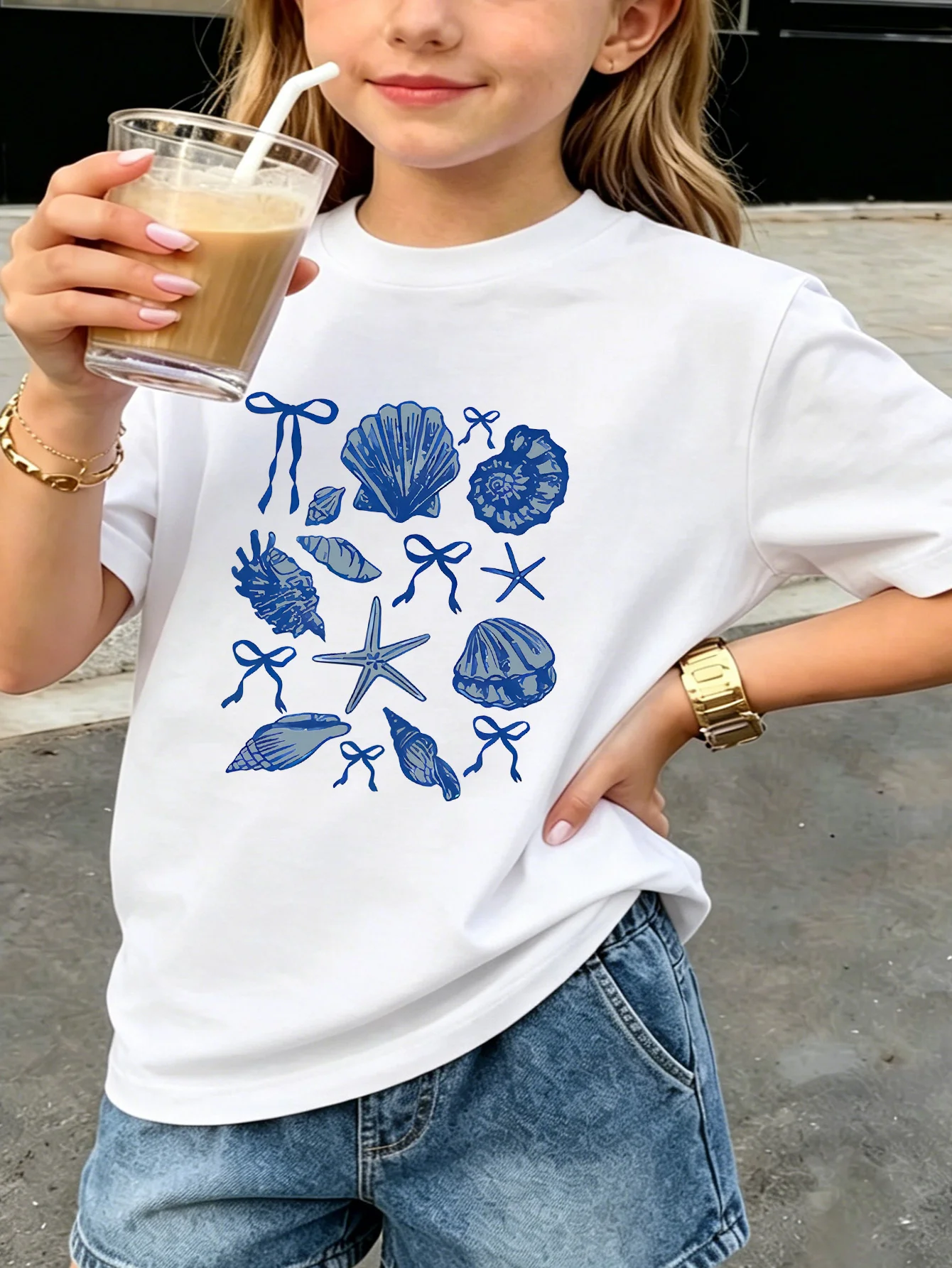 Kids T Shirt Blue Seashell Starfish And Bow Knot Beach Graphic Short Sleeve Cotton Tops For Boys Girls Daily Casual Outfit