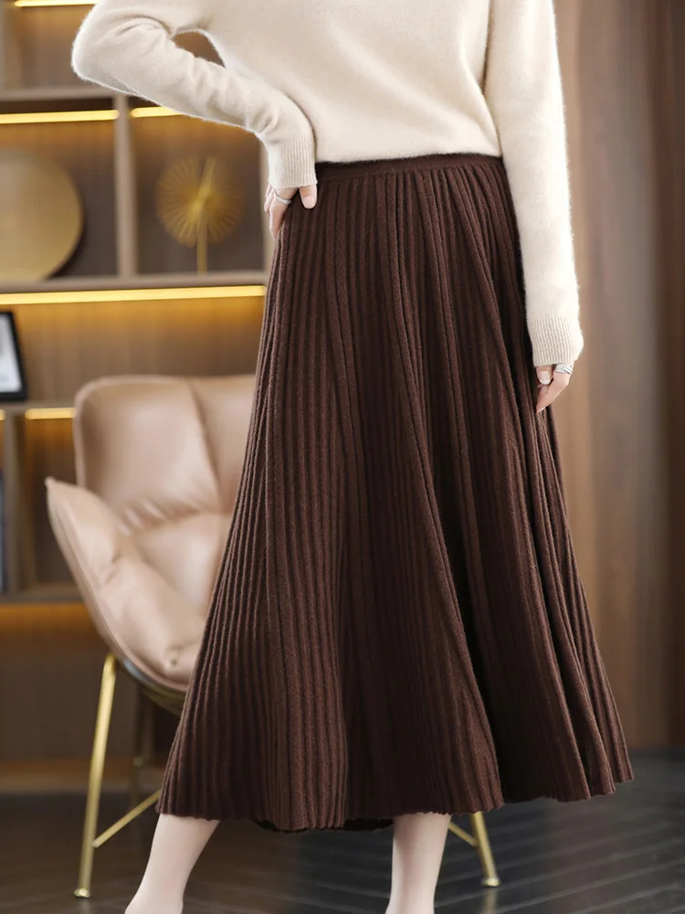 

ANGEL 100% Merino Wool Women’s Knitted Skirt Spring Autumn Winter Fashion Pleated Grace Skirts High Waist A-Line Cashmere SKirts