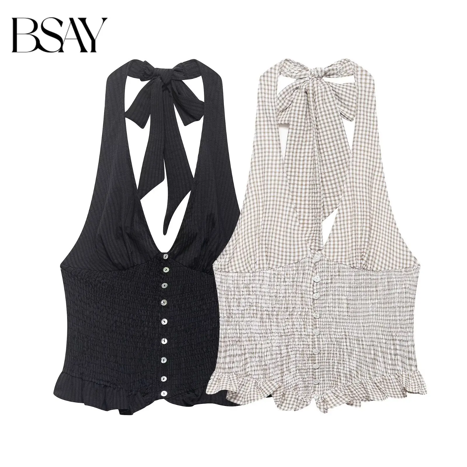 BSAY Sexy V-Ausschnitt Karierte Bluse für Damen, Neuer Vintage-Stil, Rückenfreies Neckholder-Top mit Schleife, Rüschensaum und Knopfleiste, Kurzes Cami-Top