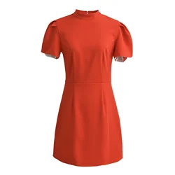 2024 Sexy Red High Collar Short Puff Sleeve Mini Dress Women Back Open Buttons Hollow Out Backless Bow Slim Waist A-line Robe