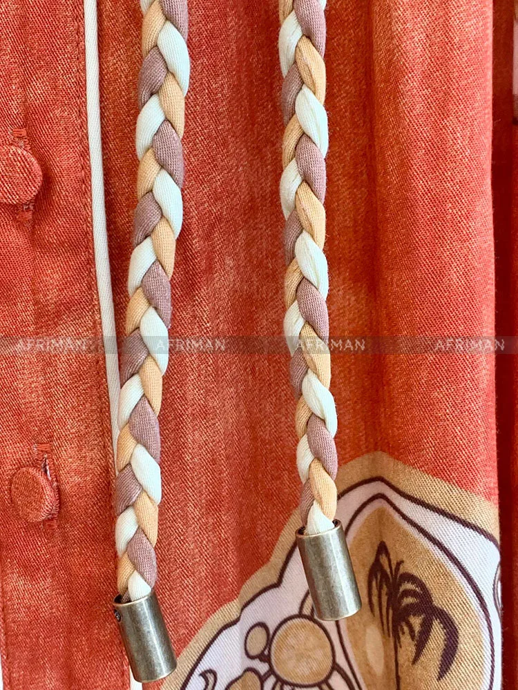 여성용 해마 프린트 폴로 칼라 랜턴 소매 100% 린넨 롱 셔츠 드레스