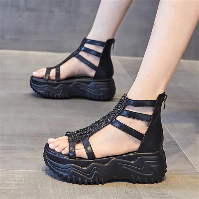 7cm Summer New Zipper Women's Roman dermis Open Toe Rhinestone  Women's Sandals Casual Fashion Thick Sole Beach sandal