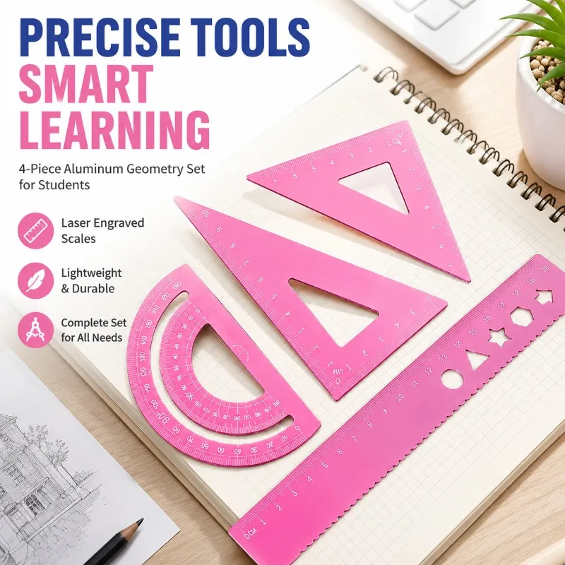 Aluminum Alloy Laser Engraved Ruler Set, 15cm Straight Ruler Triangle Protractor 4-Piece Geometry Set for Students