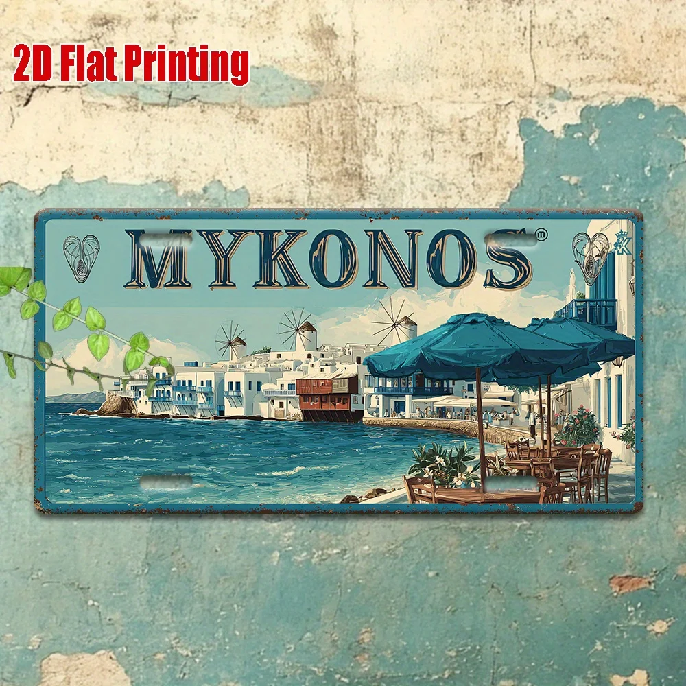2D Flat 1 Retro Greek Island Mykonos  Metal Sign- Greek Coastal Decor, Suitable for Home, Bar, Cafe, Garage, Office