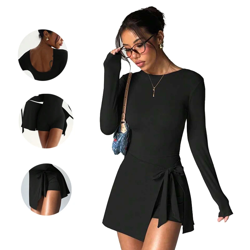 Pure Color Long Sleeve Side-Tie Jumpsuit Short Skirt Breathable Skin-Friendly High Elasticity for Yoga Casual And Sports Use