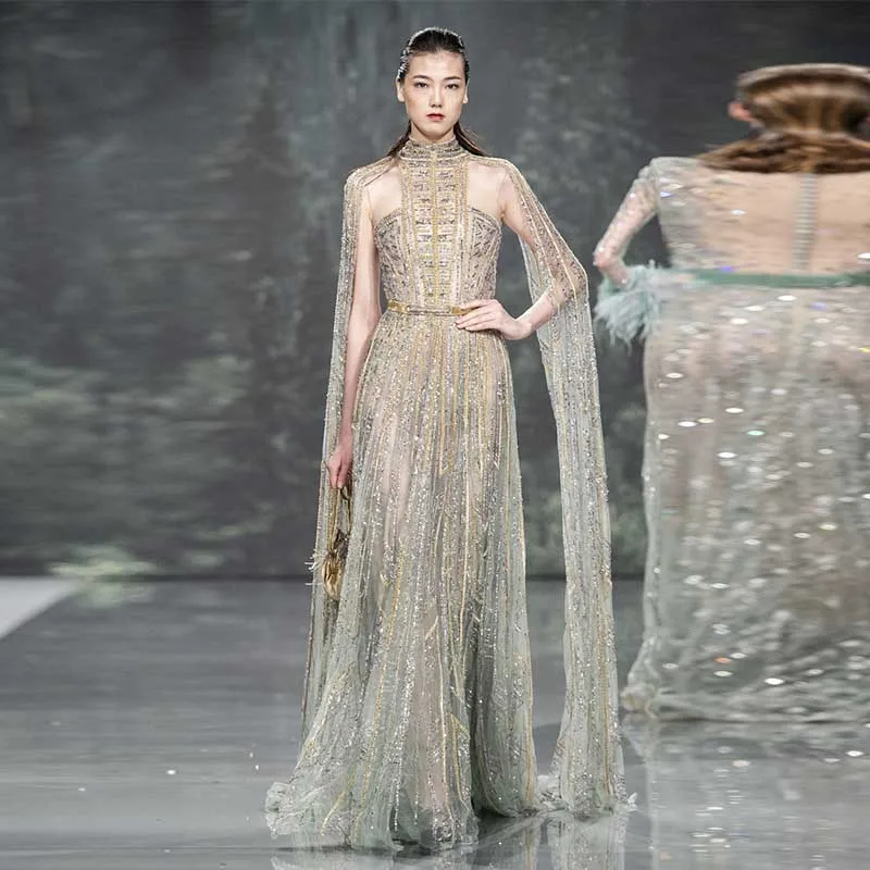 New Arrival High neck Long Sleeves Green and Gold beaded فساتين السهرة vestidos de fiesta فساتين سهره evening dresses