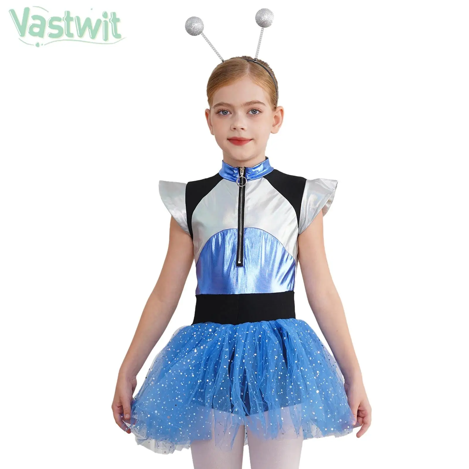 Kids Girls Short Sleeve Shiny Leotard Tutu Dress Halloween Carnival Party Alien Cosplay Cheerleading Dance Performance Costume