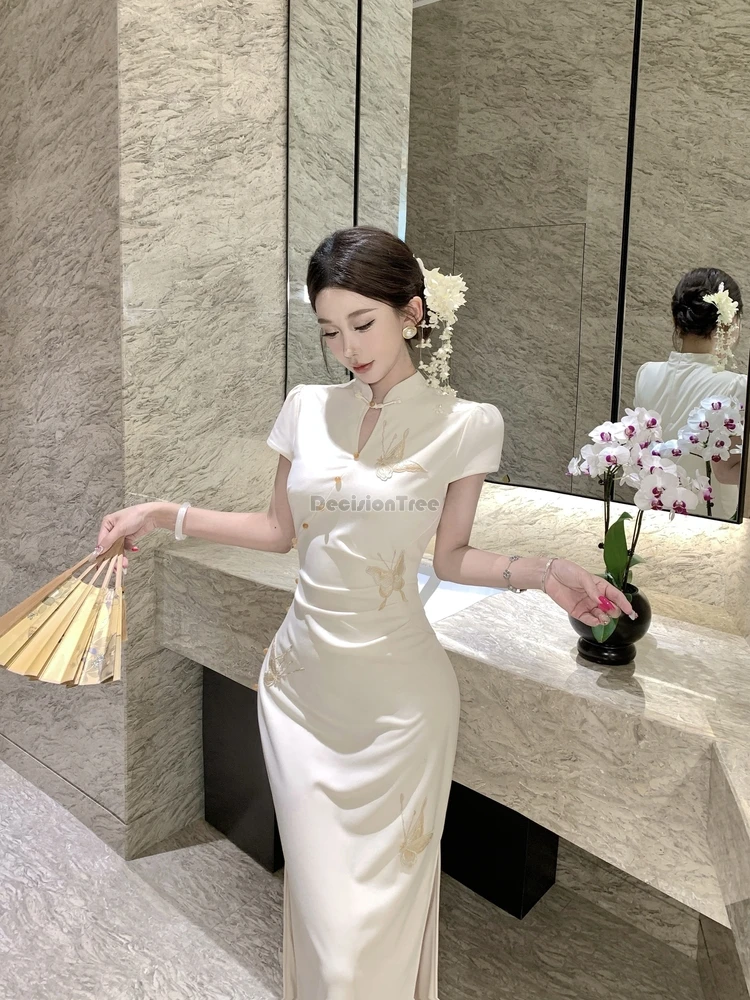 

2025 new chinese style butterfly element embroidered hollow out design elegant cheongsam for women slimming long qipao dress